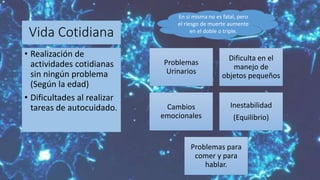 Vida Cotidiana
• Realización de
actividades cotidianas
sin ningún problema
(Según la edad)
• Dificultades al realizar
tareas de autocuidado.
Problemas
Urinarios
Dificulta en el
manejo de
objetos pequeños
Cambios
emocionales
Inestabilidad
(Equilibrio)
Problemas para
comer y para
hablar.
En si misma no es fatal, pero
el riesgo de muerte aumente
en el doble o triple.
 