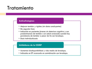Tratamiento
•  Mejoran temblor y rigidez (sin datos concluyentes)
•  De segunda línea
•  Indicación en pacientes jóvenes sin deterioro cognitivo y con
predominancia de temblor o en edad avanzada cuando hay
persistencia de temblor a pesar de tto con levodopa.
•  Dosis individualizada
Anticolinérgicos
•  Aumentan biodisponibilidad y vida media de levodopa.
•  Indicados en EP avanzada en comnbinación con levodopa.
Inhibidores de la COMP
 