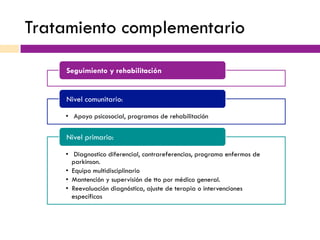 Tratamiento complementario
Seguimiento y rehabilitación
•  Apoyo psicosocial, programas de rehabilitación
Nivel comunitario:
•  Diagnostico diferencial, contrareferencias, programa enfermos de
parkinson.
•  Equipo multidisciplinario
•  Mantención y supervisión de tto por médico general.
•  Reevaluación diagnóstica, ajuste de terapia o intervenciones
específicas
Nivel primario:
 