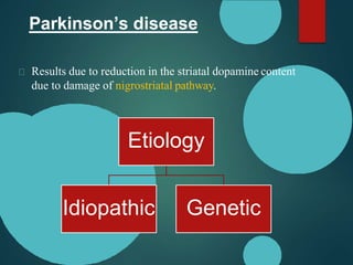 Etiology
Idiopathic Genetic
Parkinson’s disease
Results due to reduction in the striatal dopamine content
due to damage of nigrostriatal pathway.
 