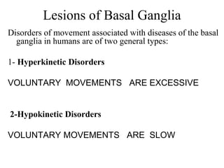 Lesions of Basal Ganglia
Disorders of movement associated with diseases of the basal
ganglia in humans are of two general types:
1- Hyperkinetic Disorders
VOLUNTARY MOVEMENTS ARE EXCESSIVE
2-Hypokinetic Disorders
VOLUNTARY MOVEMENTS ARE SLOW
 