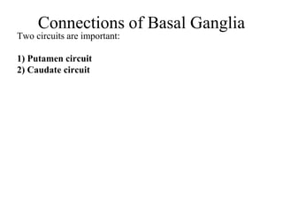 Connections of Basal Ganglia
Two circuits are important:
1) Putamen circuit
2) Caudate circuit
 
