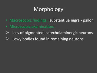 Morphology
• Macroscopic findings : substantiua nigra - pallor
• Microscopic examination:
 loss of pigmented, catecholaminergic neurons
 Lewy bodies found in remaining neurons
 