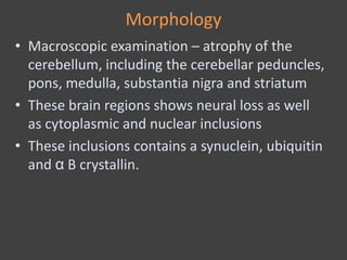 Morphology
• Macroscopic examination – atrophy of the
cerebellum, including the cerebellar peduncles,
pons, medulla, substantia nigra and striatum
• These brain regions shows neural loss as well
as cytoplasmic and nuclear inclusions
• These inclusions contains a synuclein, ubiquitin
and α B crystallin.
 
