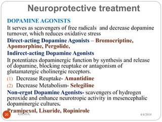 Neuroprotective treatment
DOPAMINE AGONISTS
It serves as scavengers of free radicals and decrease dopamine
turnover, which reduces oxidative stress
Direct-acting Dopamine Agonists – Bromocriptine,
Apomorphine, Pergolide,
Indirect-acting Dopamine Agonists
It potentiates dopaminergic function by synthesis and release
of dopamine, blocking reuptake or antagonism of
glutamatergic cholinergic receptors.
(1) Decrease Reuptake- Amantidine
(2) Decrease Metabolism- Selegiline
Non-ergot Dopamine Agonists- scavengers of hydrogen
peroxide and enhance neurotropic activity in mesencephalic
dopaminergic cultures.
Pramipexol, Lisuride, Ropinirole
4/4/2018KIRSHA,20
 