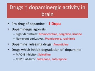 Drugs ↑ dopaminergic activity in
brain
• Pro-drug of dopamine : l-Dopa
• Dopaminergic agonists:
– Ergot derivatives: Bromocriptine, pergolide, lisuride
– Non-ergot derivatives: Pramipexole, ropinirole
• Dopamine releasing drugs: Amantidine
• Drugs which inhibit degradation of dopamine:
– MAO-B inhibitor: Selegiline
– COMT inhibitor: Tolcapone, entacapone
 
