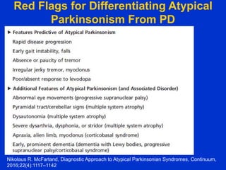 Red Flags for Differentiating Atypical
Parkinsonism From PD
Nikolaus R. McFarland, Diagnostic Approach to Atypical Parkinsonian Syndromes, Continuum,
2016;22(4):1117–1142
 
