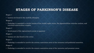 STAGES OF PARKINSON’S DISEASE
Stages 1
• Lesions are found in the medulla oblongata
Stages 2
• Pathology is expanded to involve lesions of the caudal raphe nuclei, the gigantocellular reticular nucleus, and
coeruleus-subcoeruleus complex.
Stages 3
• Involvement of the nigrostriatal system is apparent
Stages 4
• Lesions are also found in the cortex
Stages 5
• Pathology is extended to involve the sensory association areas of the neocortex and prefrontal neocortex.
Stages 6
• Pathology is extended to involve the sensory association areas of the neocortex and premotor areas.
 
