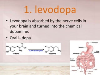 1. levodopa
• Levodopa is absorbed by the nerve cells in
your brain and turned into the chemical
dopamine.
• Oral l- dopa
 