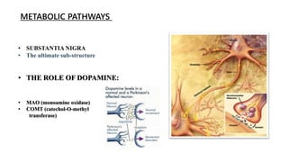 METABOLIC PATHWAYS
• SUBSTANTIA NIGRA
• The ultimate sub-structure
• THE ROLE OF DOPAMINE:
• MAO (monoamine oxidase)
• COMT (catechol-O-methyl
transferase)
 