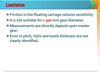 Limitation
Friction in the floating carriage reduces sensitivity
It is not suitable for < 300 mm gear diameter.
Measurements are directly depend upon master
gear.
Error in pitch, helix and tooth thickness are not
clearly identified.
 