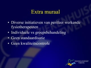 Extra muraal Diverse initiatieven van perifeer werkende fysiotherapeuten Individuele vs groepsbehandeling Geen standaardisatie Geen kwaliteitscontrole 