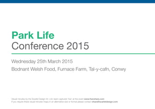Park Life
Conference 2015
Wednesday 25th March 2015
Bodnant Welsh Food, Furnace Farm, Tal-y-cafn, Conwy
Visual minutes by the Scarlet Design Int. Ltd. team captured ‘live’ at the event www.franohara.com
If you require these visual minutes maps in an alternative size or format please contact ohara@scarletdesign.com
 