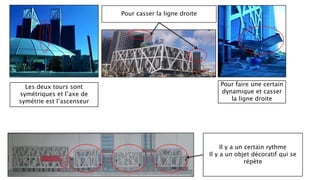 Les deux tours sont
symétriques et l’axe de
symétrie est l’ascenseur
Pour casser la ligne droite
Pour faire une certain
dynamique et casser
la ligne droite
Il y a un certain rythme
Il y a un objet décoratif qui se
répète
 