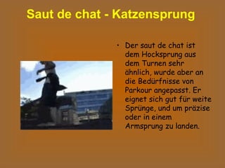 Saut de chat - Katzensprung  Der saut de chat ist dem Hocksprung aus dem Turnen sehr ähnlich, wurde aber an die Bedürfnisse von Parkour angepasst. Er eignet sich gut für weite Sprünge, und um präzise oder in einem Armsprung zu landen.  
