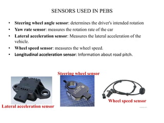 SENSORS USED IN PEBS

   • Steering wheel angle sensor: determines the driver's intended rotation
   • Yaw rate sensor: measures the rotation rate of the car
   • Lateral acceleration sensor: Measures the lateral acceleration of the
     vehicle.
   • Wheel speed sensor: measures the wheel speed.
   • Longitudinal acceleration sensor: Information about road pitch.



                              Steering wheel sensor




                                                        Wheel speed sensor
Lateral acceleration sensor
 