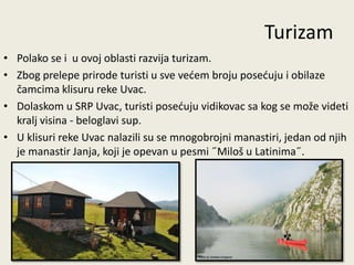 Turizam
• Polako se i u ovoj oblasti razvija turizam.
• Zbog prelepe prirode turisti u sve vedem broju poseduju i obilaze
  čamcima klisuru reke Uvac.
• Dolaskom u SRP Uvac, turisti poseduju vidikovac sa kog se može videti
  kralj visina - beloglavi sup.
• U klisuri reke Uvac nalazili su se mnogobrojni manastiri, jedan od njih
  je manastir Janja, koji je opevan u pesmi ˝Miloš u Latinima˝.




                                                                    15
 