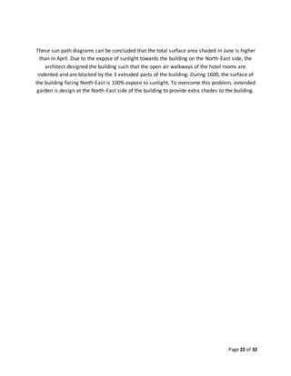 Page 22 of 32
These sun path diagrams can be concluded that the total surface area shaded in June is higher
than in April. Due to the expose of sunlight towards the building on the North-East side, the
architect designed the building such that the open air walkways of the hotel rooms are
indented and are blocked by the 3 extruded parts of the building. During 1600, the surface of
the building facing North-East is 100% expose to sunlight. To overcome this problem, extended
garden is design at the North-East side of the building to provide extra shades to the building.
 