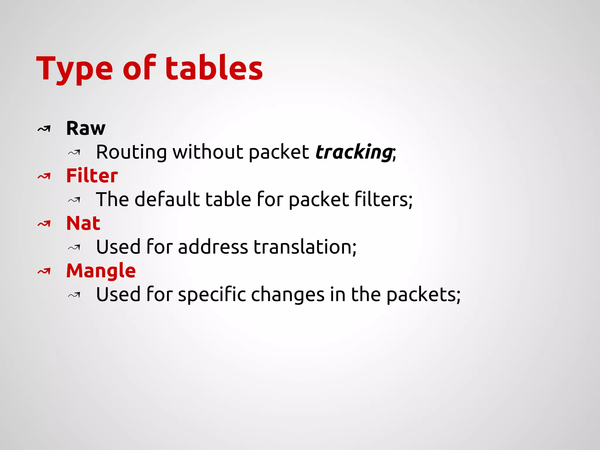Type of tables
↝ Raw
↝ Routing without packet tracking;
↝ Filter
↝ The default table for packet filters;
↝ Nat
↝ Used for address translation;
↝ Mangle
↝ Used for specific changes in the packets;
 