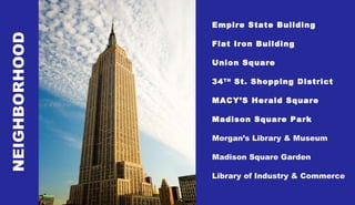 Empire State Building Flat Iron Building Union Square 34 TH  St. Shopping District MACY’S Herald Square Madison Square Park Morgan’s Library & Museum Madison Square Garden Library of Industry & Commerce 