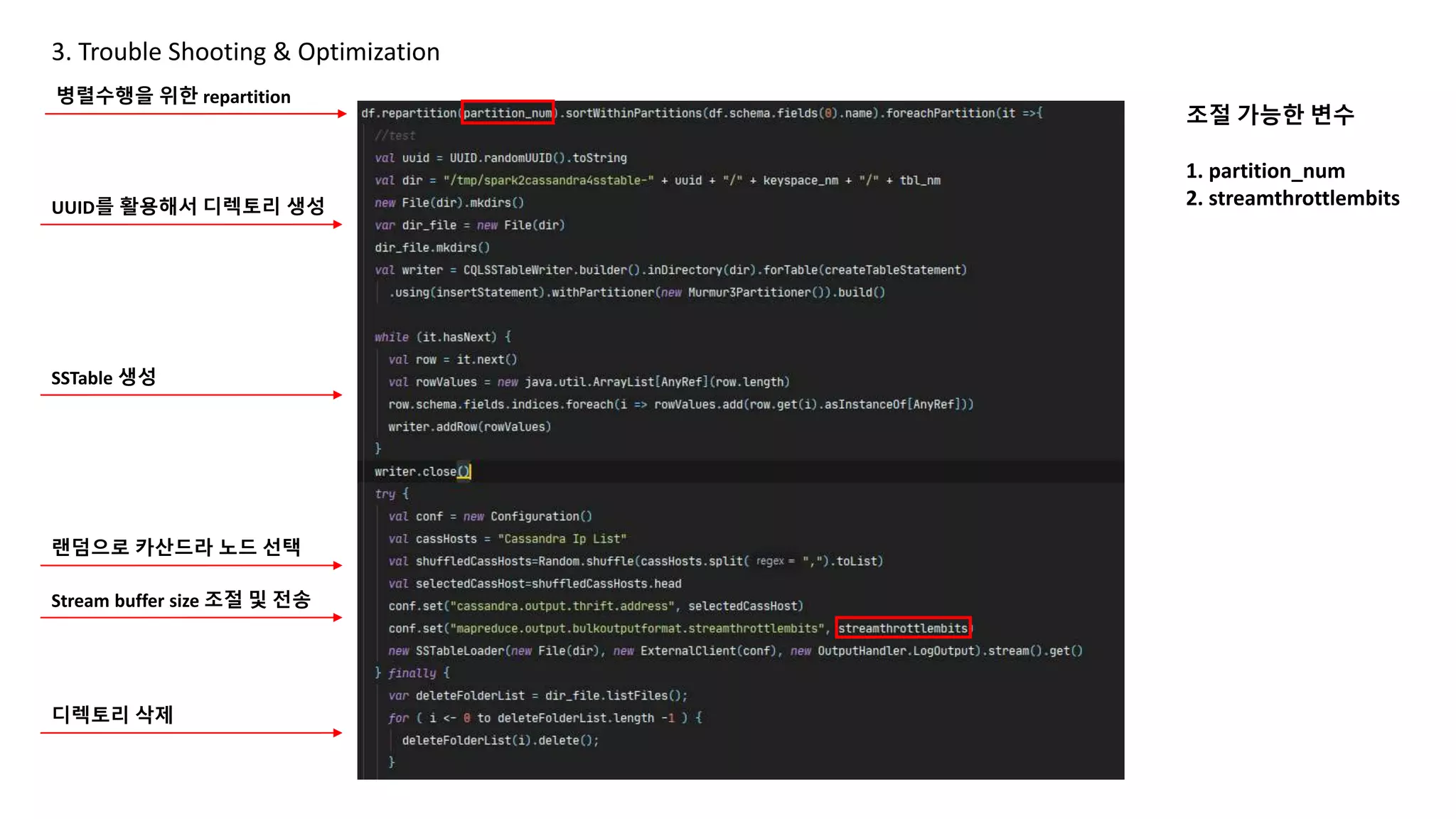 3. Trouble Shooting & Optimization
병렬수행을 위한 repartition
UUID를 활용해서 디렉토리 생성
SSTable 생성
랜덤으로 카산드라 노드 선택
Stream buffer size 조절 및 전송
디렉토리 삭제
조절 가능한 변수
1. partition_num
2. streamthrottlembits
 