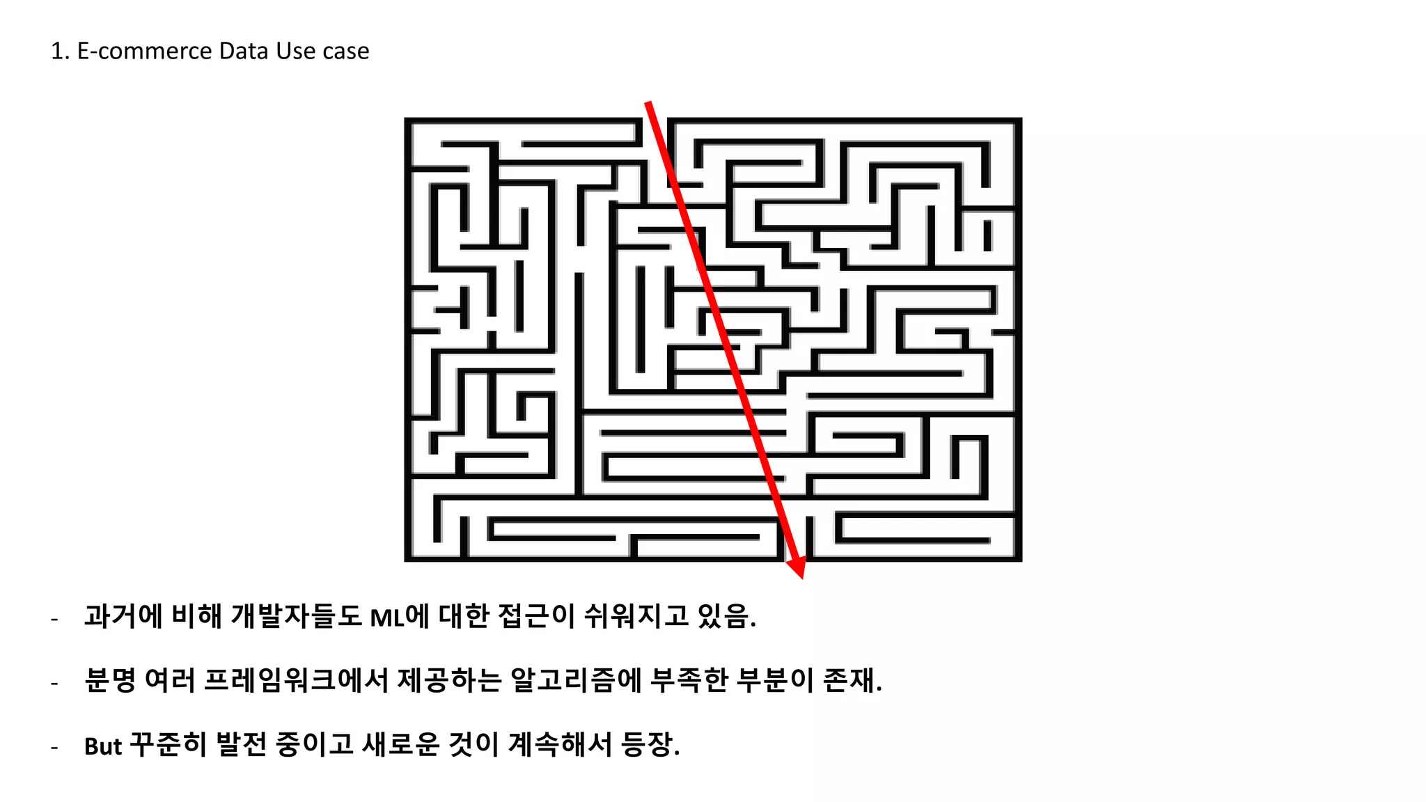 - 과거에 비해 개발자들도 ML에 대한 접근이 쉬워지고 있음.
- 분명 여러 프레임워크에서 제공하는 알고리즘에 부족한 부분이 존재.
- But 꾸준히 발전 중이고 새로운 것이 계속해서 등장.
1. E-commerce Data Use case
 