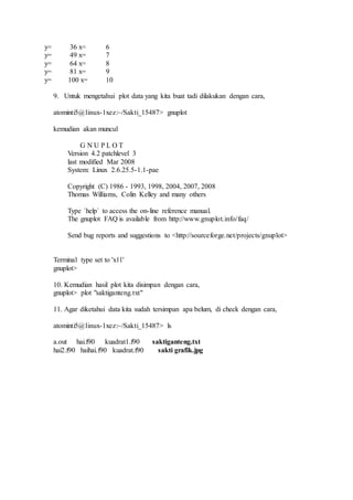 y= 36 x= 6
y= 49 x= 7
y= 64 x= 8
y= 81 x= 9
y= 100 x= 10
9. Untuk mengetahui plot data yang kita buat tadi dilakukan dengan cara,
atominti5@linux-1xez:~/Sakti_15487> gnuplot
kemudian akan muncul
G N U P L O T
Version 4.2 patchlevel 3
last modified Mar 2008
System: Linux 2.6.25.5-1.1-pae
Copyright (C) 1986 - 1993, 1998, 2004, 2007, 2008
Thomas Williams, Colin Kelley and many others
Type `help` to access the on-line reference manual.
The gnuplot FAQ is available from http://www.gnuplot.info/faq/
Send bug reports and suggestions to <http://sourceforge.net/projects/gnuplot>
Terminal type set to 'x11'
gnuplot>
10. Kemudian hasil plot kita disimpan dengan cara,
gnuplot> plot "saktiganteng.txt"
11. Agar diketahui data kita sudah tersimpan apa belum, di check dengan cara,
atominti5@linux-1xez:~/Sakti_15487> ls
a.out hai.f90 kuadrat1.f90 saktiganteng.txt
hai2.f90 haihai.f90 kuadrat.f90 sakti grafik.jpg
 