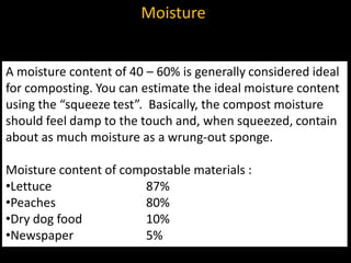 Moisture


A moisture content of 40 – 60% is generally considered ideal
for composting. You can estimate the ideal moisture content
using the “squeeze test”. Basically, the compost moisture
should feel damp to the touch and, when squeezed, contain
about as much moisture as a wrung-out sponge.

Moisture content of compostable materials :
•Lettuce               87%
•Peaches               80%
•Dry dog food          10%
•Newspaper             5%
 