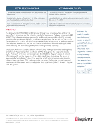 BEFORE IMPRIVATA ONESIGN                                                                                   AFTER IMPRIVATA ONESIGN

  Concerned over increased password problems, users were resistant to EMR                               Clinicians access patient data with the swipe of a finger—passwords are
  implementation                                                                                        eliminated and EMR is embraced

  Storage of patient data was inefficient, using a mix of high maintenance,                             Improved productivity due to secure and convenient access to online patient
  best-of-breed applications and handwritten charts                                                     data, from any PC or COW

  Access issues were taxing the IT budget and resources, and they hampered                              Significantly reduced password-related helpdesk calls, improved user workflows,
  physician and clinician productivity                                                                  and increased user productivity

THE RESULTS
                                                                                                                                                            “Imprivata has
The deployment of MEDITECH and Imprivata OneSign was remarkably fast. With an IS
                                                                                                                                                              made it easy for
team of only six people and the help of a handful of superusers, Parkview implemented 23
MEDITECH modules in less than six months, and then implemented the last 14 modules                                                                            our doctors and
incrementally, with e-prescribing for physician practices being the last piece of the puzzle.                                                                 nurses to securely
The installation included a full set of departmental clinical applications, as well as advanced
clinical system applications, and the full suite of financial and administrative applications.                                                                access the electronic
Simultaneously, the team deployed Imprivata OneSign in only two days.                                                                                         patient data
                                                                                                                                                              they need, from
Since 2004, Parkview’s users have been authenticating via finger biometric readers placed
on stationary PCs or computers on wheels (COWs) throughout the hospital to access                                                                             anywhere—without
EMR. Parkview’s physicians and clinicians are delighted that they can access all patient                                                                      having to worry
information with just the swipe of a finger. When a clinician steps away, the screen is
automatically “wiped clean” after three seconds, which helps ensure compliance with                                                                           about passwords.
HIPAA privacy mandates. This implementation has saved the hospital money, improved                                                                            This was critical to
productivity and increased security—all pivotal steps to achieving HIMSS Analytics Stage 6
                                                                                                                                                              our successful EMR
EMR recognition.
                                                                                                                                                              adoption.”
                                                                                                                                                                        – Bill McQuaid
                                                                                                                                                             Chief Information Officer
                                                                                                                                                             Parkview Medical Center




1 877 ONESIGN | 1 781 674 2700 | www.imprivata.com
Copyright © 2010 Imprivata, Inc. All rights reserved. Imprivata and OneSign are registered trademarks of Imprivata, Inc. in the U.S. and other countries.
The Application Profile Generator and OneSign Agent are trademarks of Imprivata, Inc. All other trademarks are the property of their respective owners.

MKT-SS-PARK-Ver1.0-02-2010
									
 