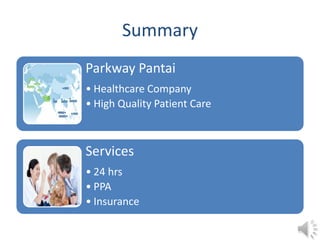 Summary
Parkway Pantai
• Healthcare Company
• High Quality Patient Care
Services
• 24 hrs
• PPA
• Insurance