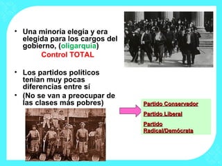 • Una minoría elegía y era
elegida para los cargos del
gobierno, (oligarquía)
Control TOTAL
• Los partidos políticos
tenían muy pocas
diferencias entre sí
• (No se van a preocupar de
las clases más pobres) Partido ConservadorPartido Conservador
Partido LiberalPartido Liberal
PartidoPartido
Radical/DemócrataRadical/Demócrata
 
