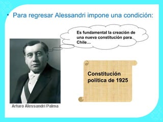 • Para regresar Alessandri impone una condición:
Es fundamental la creación de
una nueva constitución para
Chile…
Constitución
política de 1925
 