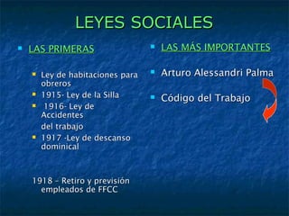 LEYES SOCIALESLEYES SOCIALES
 LAS PRIMERASLAS PRIMERAS
 Ley de habitaciones paraLey de habitaciones para
obrerosobreros
 1915- Ley de la Silla1915- Ley de la Silla
 1916- Ley de1916- Ley de
AccidentesAccidentes
del trabajodel trabajo
 1917 -Ley de descanso1917 -Ley de descanso
dominicaldominical
1918 – Retiro y previsión1918 – Retiro y previsión
empleados de FFCCempleados de FFCC
 LAS MÁS IMPORTANTESLAS MÁS IMPORTANTES
 Arturo Alessandri PalmaArturo Alessandri Palma
 Código del TrabajoCódigo del Trabajo
 