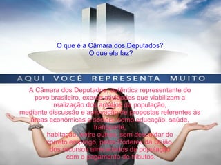 Alguns Trotes
O que é a Câmara dos Deputados?
O que ela faz?
A Câmara dos Deputados, autêntica representante do
povo brasileiro, exerce atividades que viabilizam a
realização dos anseios da população,
mediante discussão e aprovação de propostas referentes às
áreas econômicas e sociais, como educação, saúde,
transporte,
habitação, entre outras, sem descuidar do
correto emprego, pelos Poderes da União,
dos recursos arrecadados da população
com o pagamento de tributos.
 