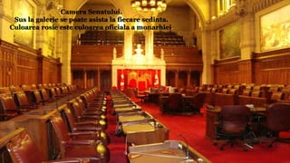 Camera Senatului.
Sus la galerie se poate asista la fiecare sedinta.
Culoarea rosie este culoarea oficiala a monarhiei.
 