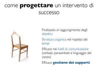 come progettare un intervento di
          successo

             Finalizzato al raggiungimento degli
             obiettivi
             Struttura organica nel rispetto dei
             tempi
             Efﬁcace nei livelli di comunicazione
             (verbale, paraverbale e linguaggio del
             corpo)
             Efﬁcace gestione dei supporti
 
