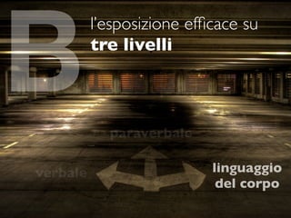 B
          l’esposizione efﬁcace su
          tre livelli



            paraverbale

verbale                    linguaggio
                            del corpo
 