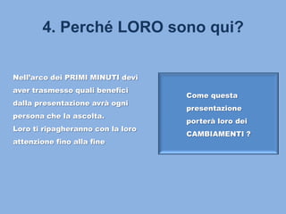 4. Perché LORO sono qui?
Nell’arco dei PRIMI MINUTI devi
aver trasmesso quali benefici
dalla presentazione avrà ogni
persona che la ascolta.
Loro ti ripagheranno con la loro
attenzione fino alla fine
Come questa
presentazione
porterà loro dei
CAMBIAMENTI ?
 