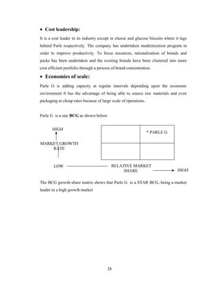 • Cost leadership:
It is a cost leader in its industry except in cheese and glucose biscuits where it lags
behind Parle respectively. The company has undertaken modernization program in
order to improve productivity. To focus resources, rationalization of brands and
packs has been undertaken and the existing brands have been clustered into more
cost efficient portfolio through a process of brand concentration.

• Economies of scale:
Parle G is adding capacity at regular intervals depending upon the economic
environment It has the advantage of being able to source raw materials and even
packaging at cheap rates because of large scale of operations.
Parle G is a star BCG as shown below:
HIGH

* PARLE G

MARKET GROWTH
RATE

LOW

RELATIVE MARKET
SHARE

HIGH

The BCG growth-share matrix shows that Parle G is a STAR BCG, being a market
leader in a high growth market

28

 