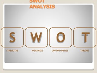 SWOT
ANALYSIS
S
STRENGTHS
W
WEAKNESS
O
OPPORTUNITIES
T
THREATS
 