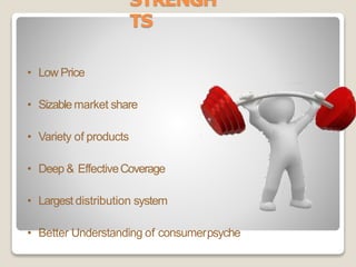 STRENGH
TS
• Low Price
• Sizablemarket share
• Variety of products
• Deep & EffectiveCoverage
• Largest distribution system
• Better Understanding of consumerpsyche
 