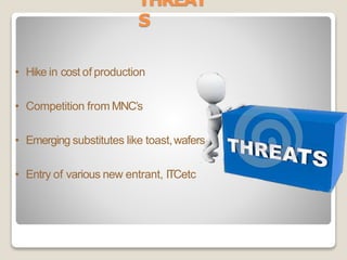 THREAT
S
• Hike in cost of production
• Competition from MNC’s
• Emerging substitutes like toast,wafers.
• Entry of various new entrant, ITCetc
 