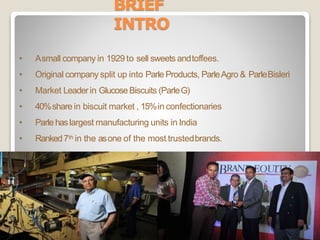 BRIEF
INTRO
• Asmall company in 1929 to sell sweets andtoffees.
• Original company split up into Parle Products, ParleAgro & ParleBisleri
• Market Leaderin GlucoseBiscuits (ParleG)
• 40%share in biscuit market , 15%in confectionaries
• Parle haslargest manufacturing units in India
• Ranked7th in the asone of the most trustedbrands.
 