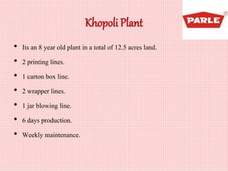 Khopoli Plant
• Its an 8 year old plant in a total of 12.5 acres land.
• 2 printing lines.
• 1 carton box line.
• 2 wrapper lines.
• 1 jar blowing line.
• 6 days production.
• Weekly maintenance.
 