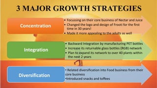 3 MAJOR GROWTH STRATEGIES
• Focussing on their core business of Nectar and Juice
• Changed the logo and design of Frooti for the first
time in 30 years!
• Made it more appealing to the adults as well
Concentration
• Backward Integration by manufacturing PET bottles
• Increase its returnable glass bottles (RGB) network
• Plan to expand its network to over 40 plants within
the next 2 years
Integration
Diversification
• Related diversification into Food business from their
core business
•Introduced snacks and toffees
 