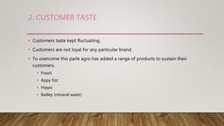 2. CUSTOMER TASTE
• Customers taste kept fluctuating.
• Customers are not loyal for any particular brand.
• To overcome this parle agro has added a range of products to sustain their
customers.
• Frooti
• Appy fizz
• Hippo
• Bailley (mineral water)
 