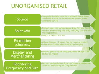 UNORGANISED RETAIL
•Unorganised retailers are the traditional Kirana stores,
convenience stores or owner manned general stores
•Catered to by CFAsSource
•Product sales mix include Appy, Appy Fizz and Frooti
•Frooti is fast moving and Appy and Appy Fizz are slow
moving products
•Margin provided is 8-10%
Sales Mix
•Volume discount – 2 pieces free on 1 case of product
•Fridge with Frooti sticker provided by Company
Promotion
schemes:
•No floor plan or visual display scheme except Frooti
sticker on FridgeDisplay and
Merchandising
•Product replenishment done by Company saleperson
based on availability and requirementReordering
Frequency and Size
 