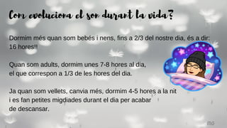 MG
Dormim més quan som bebés i nens, fins a 2/3 del nostre dia, és a dir:
16 hores!!
Quan som adults, dormim unes 7-8 hores al dia,
el que correspon a 1/3 de les hores del dia.
Ja quan som vellets, canvia més, dormim 4-5 hores a la nit
i es fan petites migdiades durant el dia per acabar
de descansar.
Com evoluciona el son durant la vida?
 
