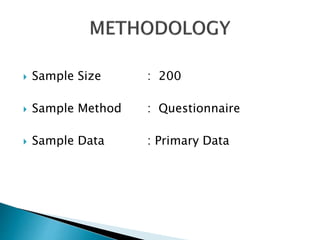  Sample Size : 200
 Sample Method : Questionnaire
 Sample Data : Primary Data
 