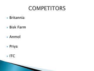  Britannia
 Bisk Farm
 Anmol
 Priya
 ITC
 